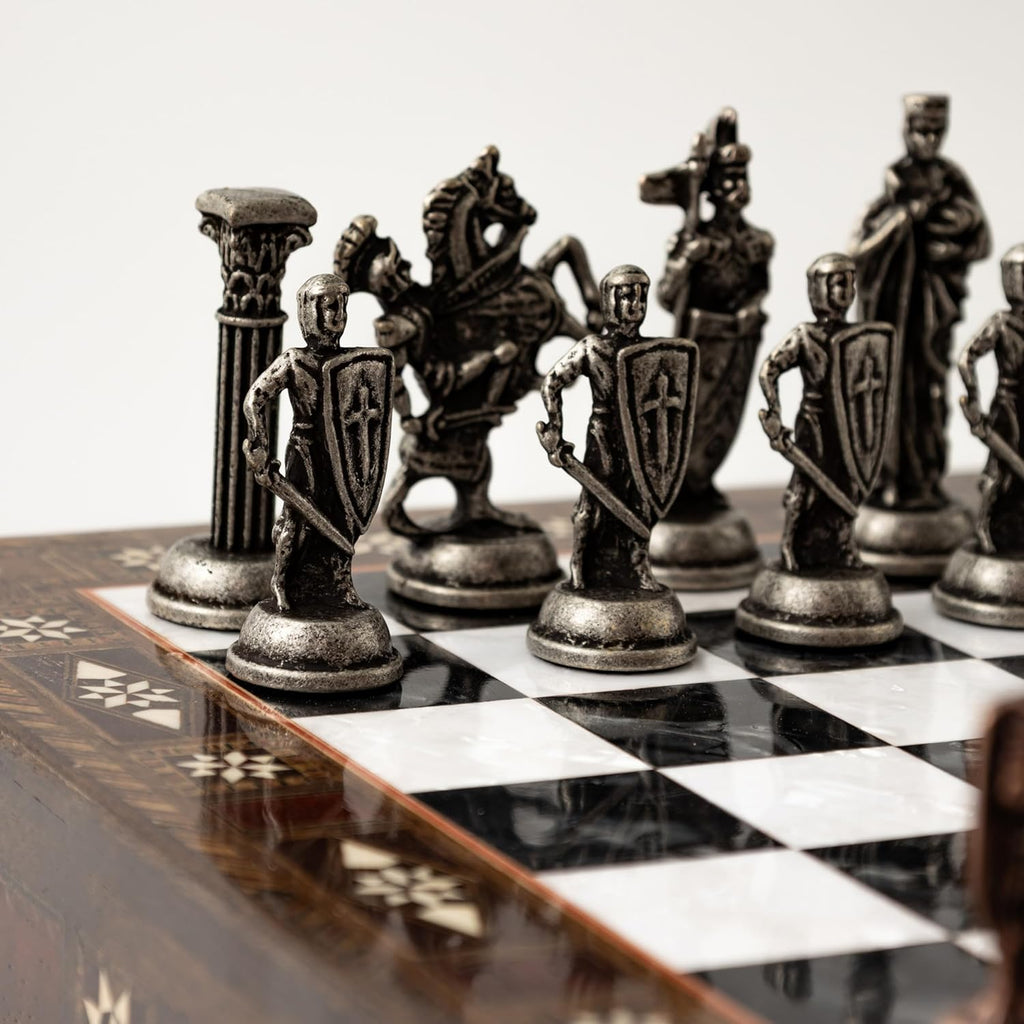15-Inch Handmade Wooden Chess Set, Metal Pieces & Storage, Black