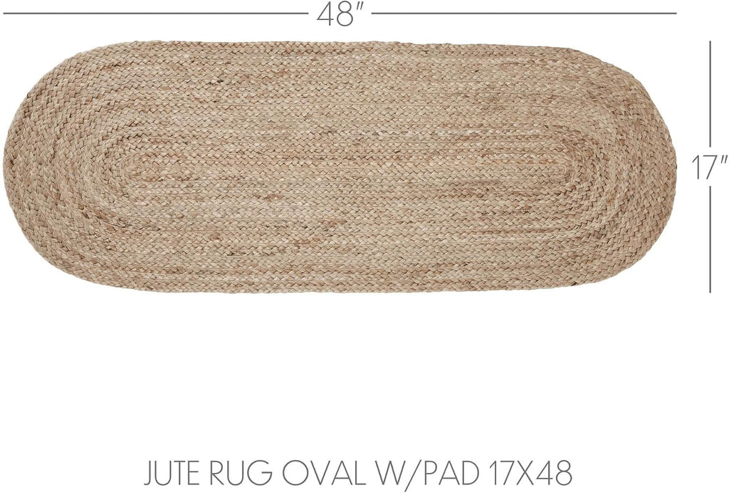 Jute Rug 17x48 w/Pad, Jute Area Rug, Accent Rug, Floor Decor, Braided, Natural Jute Collection, Oval 17x48, Natural