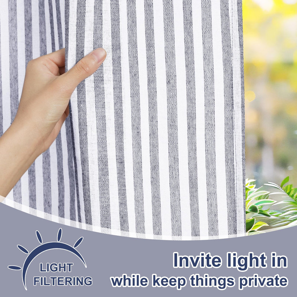 Farmhouse Curtains, Boho Rustic Bedroom Curtains with Buttons, Cotton Linen Blue Stripe Country Window Curtain