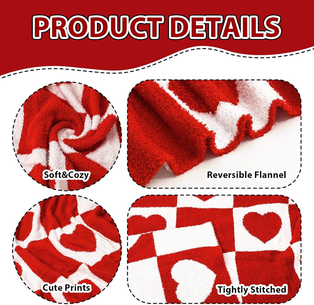 Valentine's Day Knit Throw Blanket 50 x 60 Inch Reversible Pink Red White Checkered Love Heart Plush Flannel Blankets
