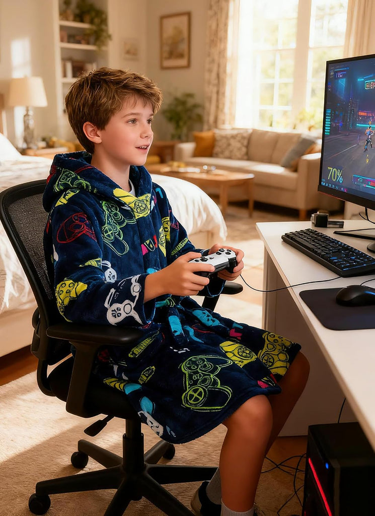 Kids Toddler Boys Girls Fleece Robe Soft Hooded Bathrobe Pajamas Sleepwear
