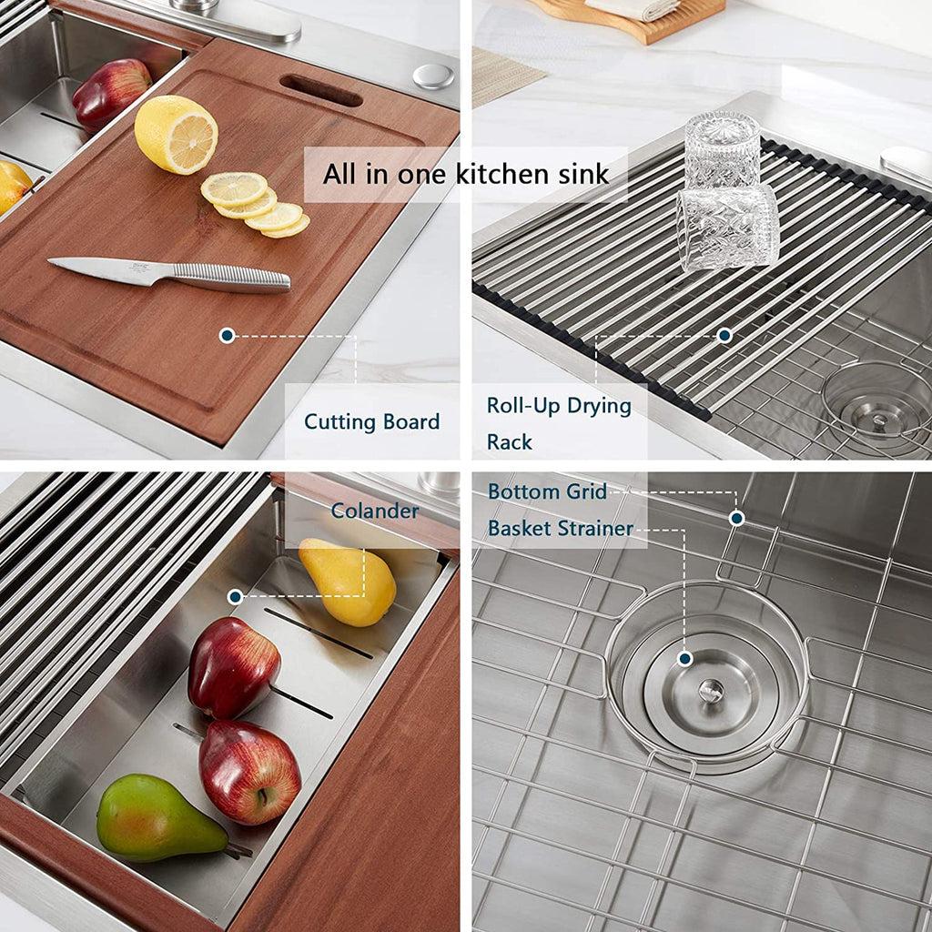 33" x 22" Drop Sink, 304T Stainless Steel Topmount Workstation Sink, Single Bowl with Integrated Ledge