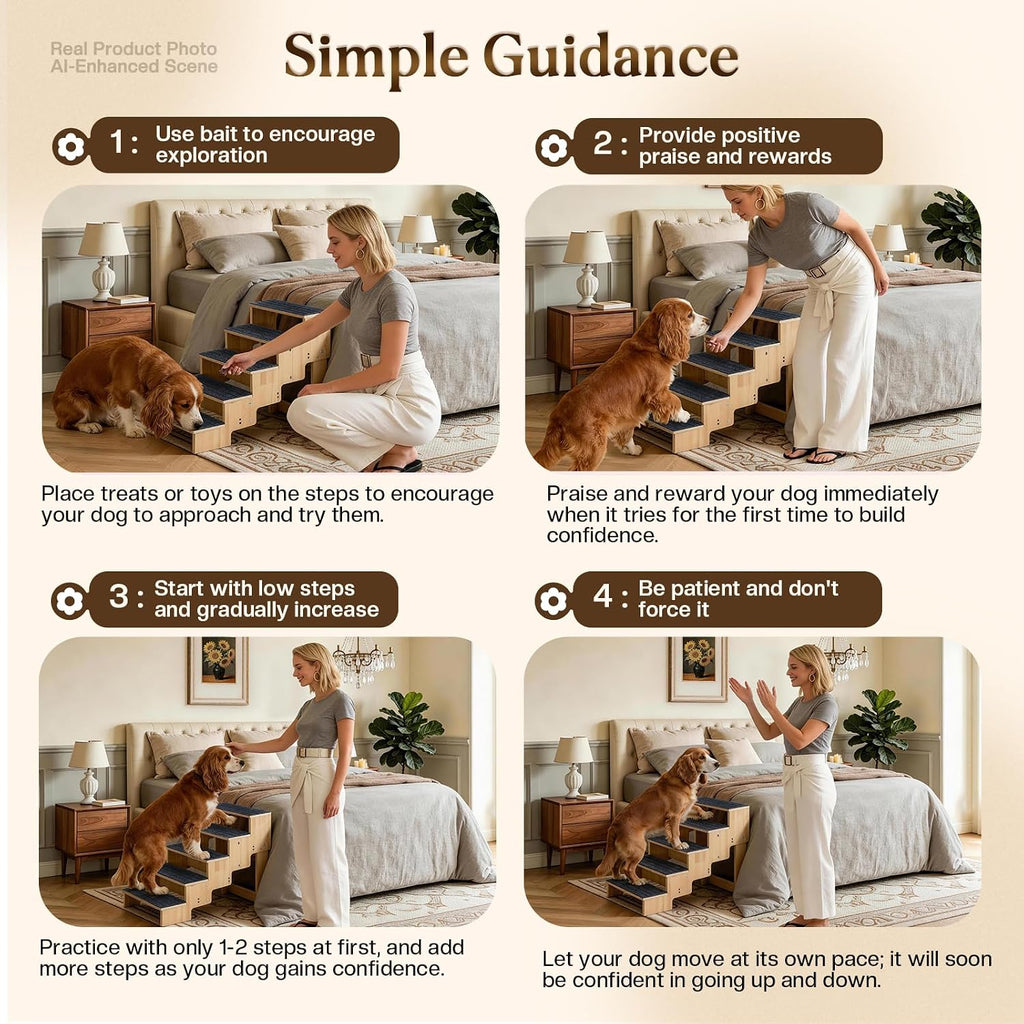 5-Step Wooden Dog Steps for Bed, Anti-Slip Dog Stairs with Carpet Pads, 23.6 Inches Pet Ramp for Dogs to Get on Bed