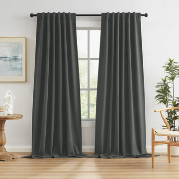 Full Blackout Curtains Dark Grey 132 Inches Long 2 Panels Set, Extra Long Back Tab Rod Pocket Hook Belt Linen