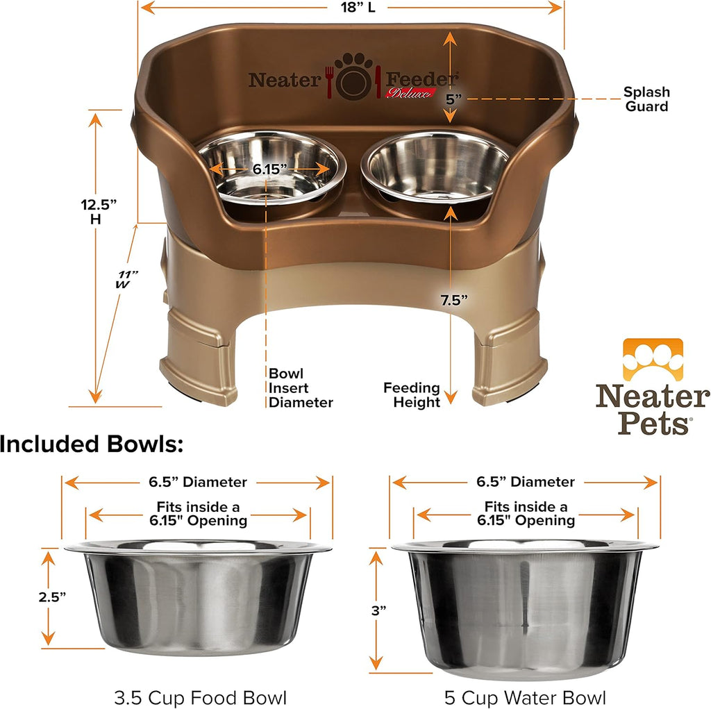 Feeder Deluxe Mess-Proof Elevated Dog Bowls for Medium Dogs (19-40 lbs), 2 Height Adjustable (10" & 12.5") No-Spill