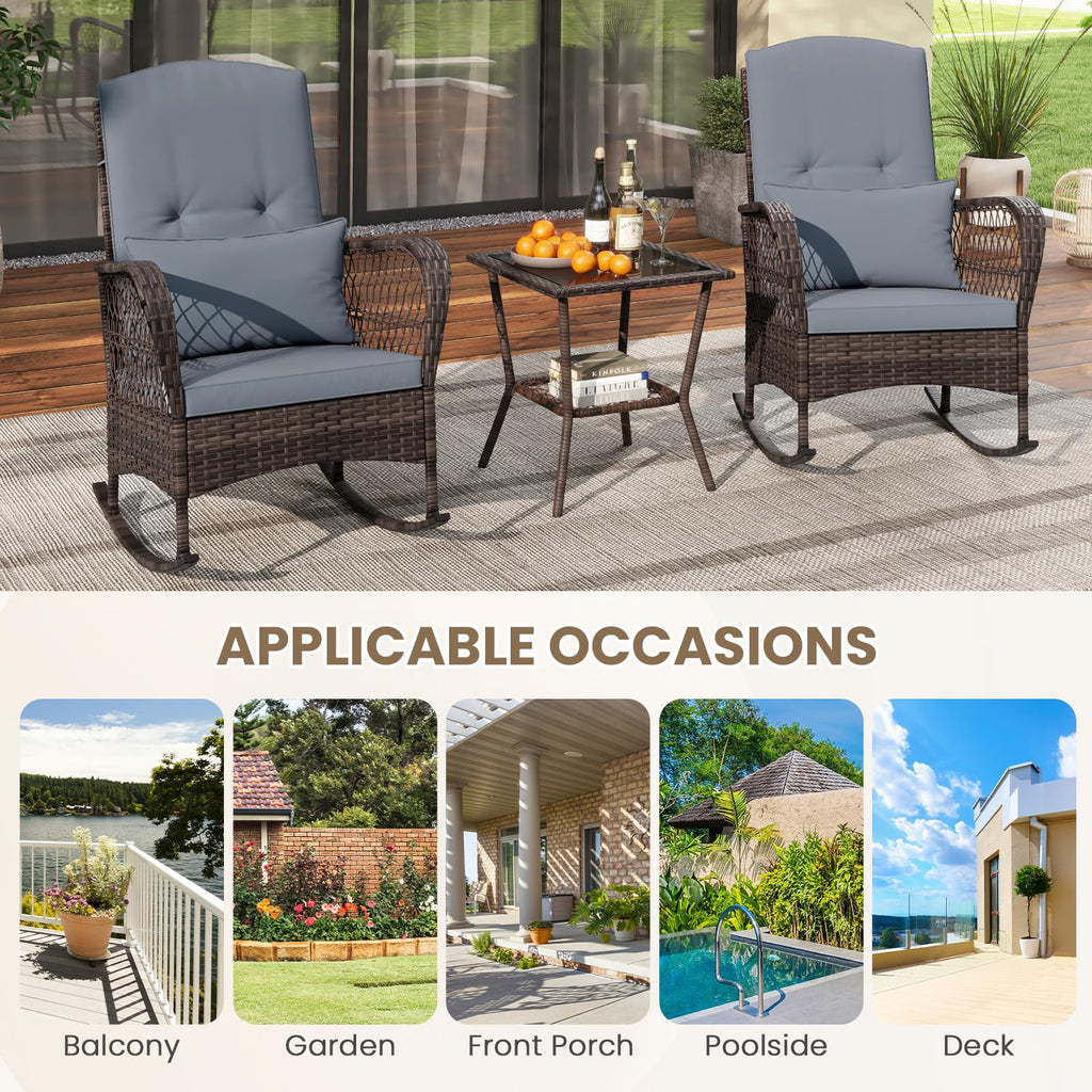 3 Pieces Patio Rocking Chair Set, Wicker Bistro Set (Grey)