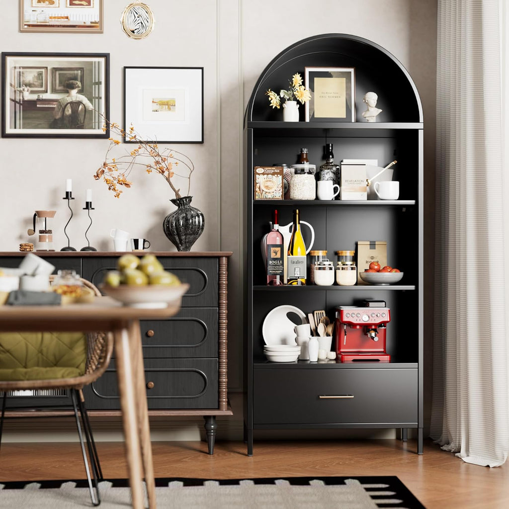 73" Tall Arched Bookcase with Drawer, Metal Arched Cabinet with 2 Adjustable Shelves, Open Display Shelf