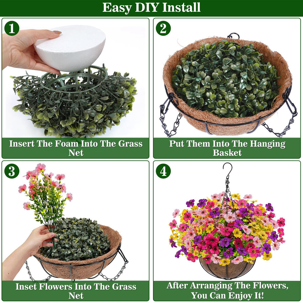 2 Sets Artificial Hanging Plants Flowers Basket Outdoor, Fake Hanging Plants 24 Pcs Flowers for Porch Patio Garden