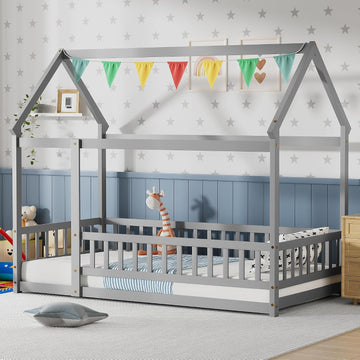 Montessori Floor Bed with Roof & Fence Guardrails for Boys Girls Bedroom, Floor Wooden Bed
