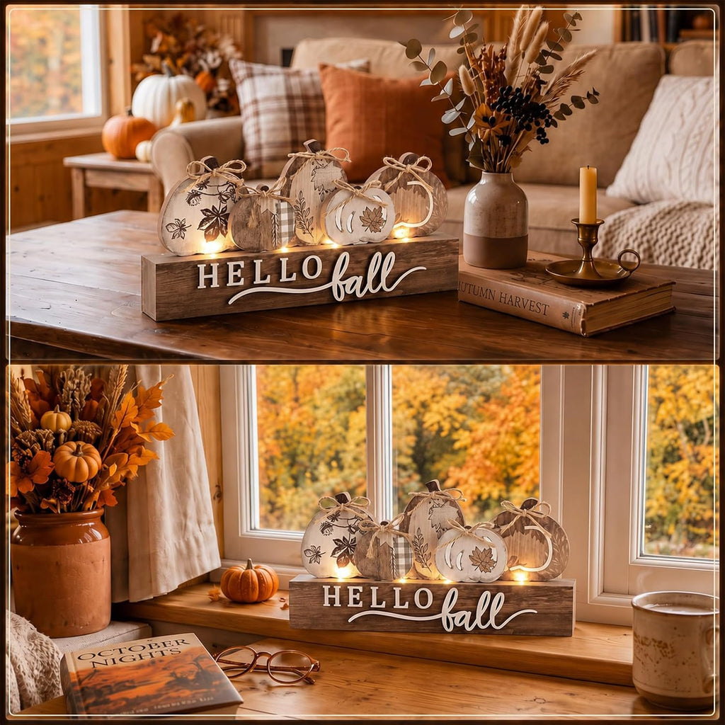 Lighted Pumpkins Teble Decor Rustic Fall Tabletop Sign