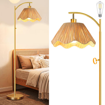 Arc Floor Lamp, Rattan Boho Floor Lamp with Hand-Woven Raffia Shade, Stepless Dimmable Rotary Switch, 63" Gold