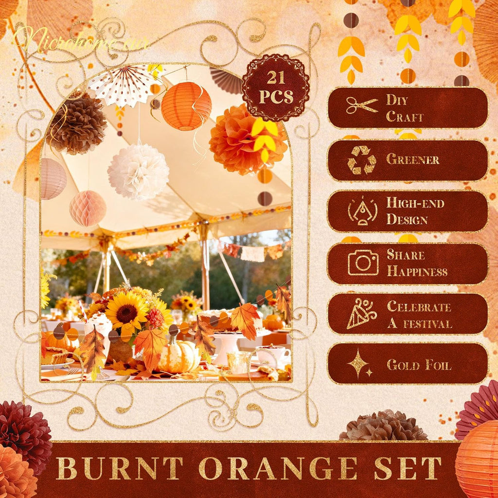 Fall Thanksgiving Decor with Pom Poms Lanterns Fans Garlands - Set of 21