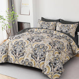 Drucon Boho Paisley Comforter Set Queen, 7 Pieces Bed in a Bag Black Gold Comforter Set