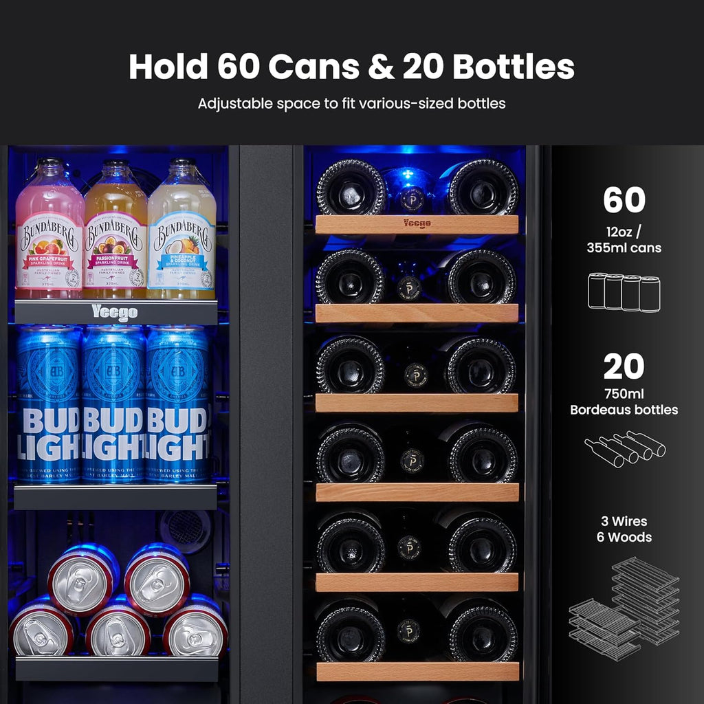 Wine and Beverage Refrigerator - 24 Inch Dual Zone Wine Fridge 60 Can & 20 Bottl