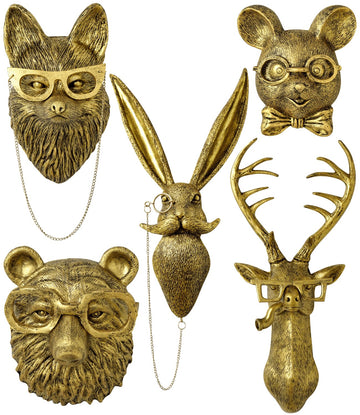 5 PCS Animals Head Wall Art Sculptures 17 inchs Gold Office Vintage 3D Wall Decor Art for Whimsigoth Home Wall Decor