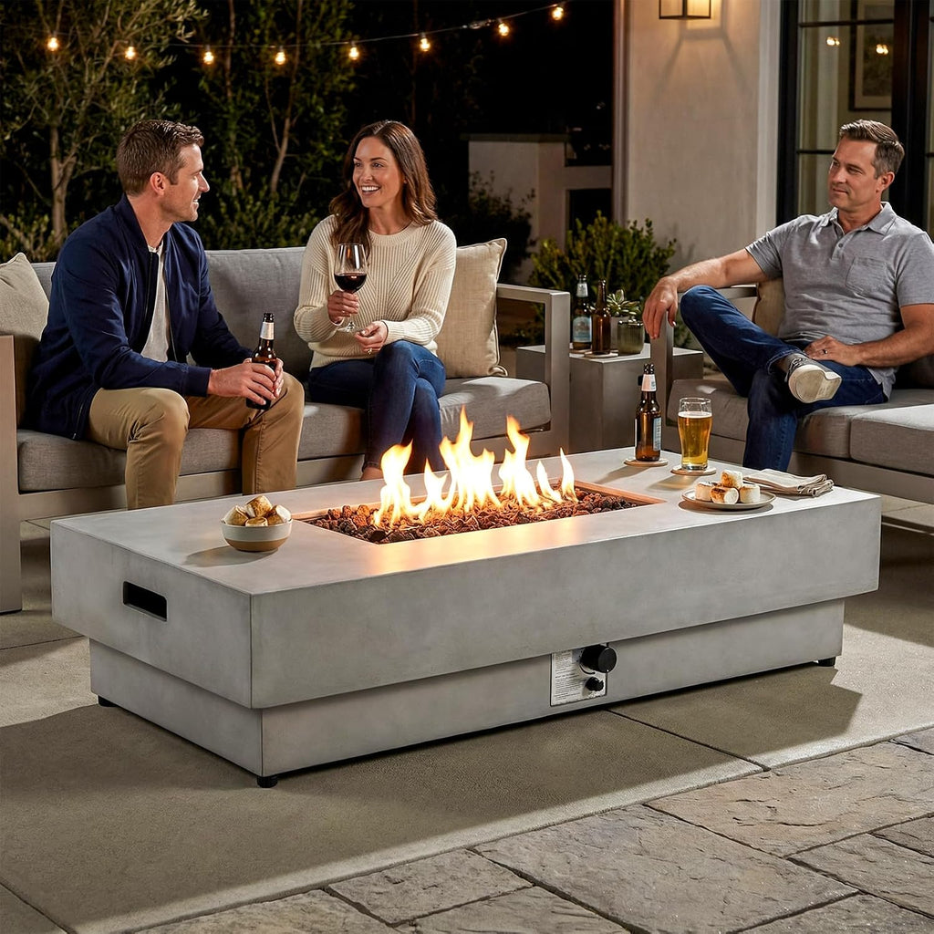 60-inch Outdoor Propane Fire Pit Coffee Table with Tank Cover, 50,000 BTU Concrete Rectangle Modern Outside Fire