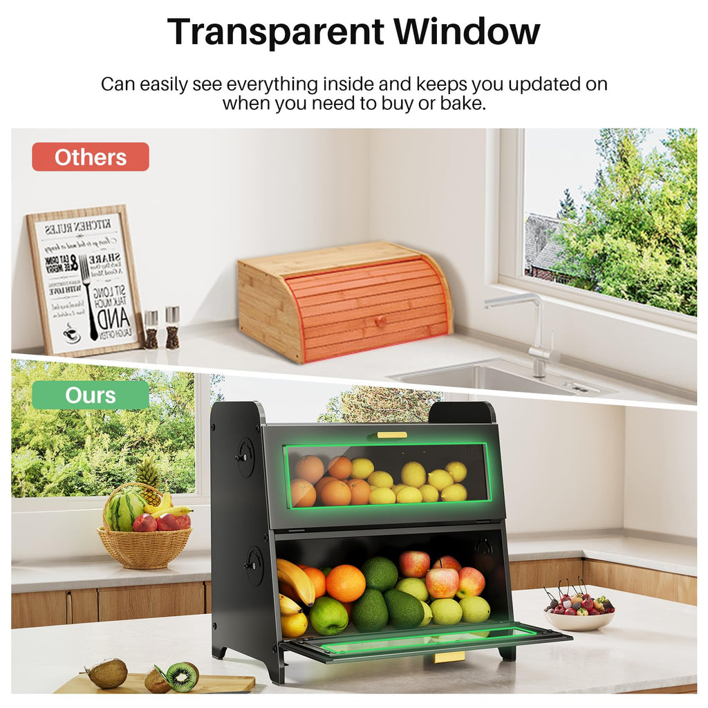 Bread Box - 2 Tier Countertop, Adjustable Ventilation, Black