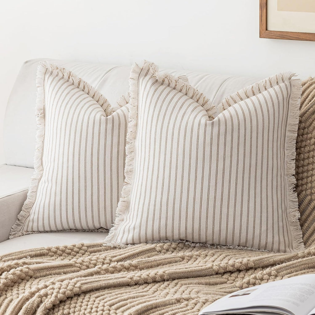 Throw Pillow Covers 18x18 Set of 2 Striped Fringe Pillow Cover Farmhouse Cushion Covers with Tassel Neutral Boho