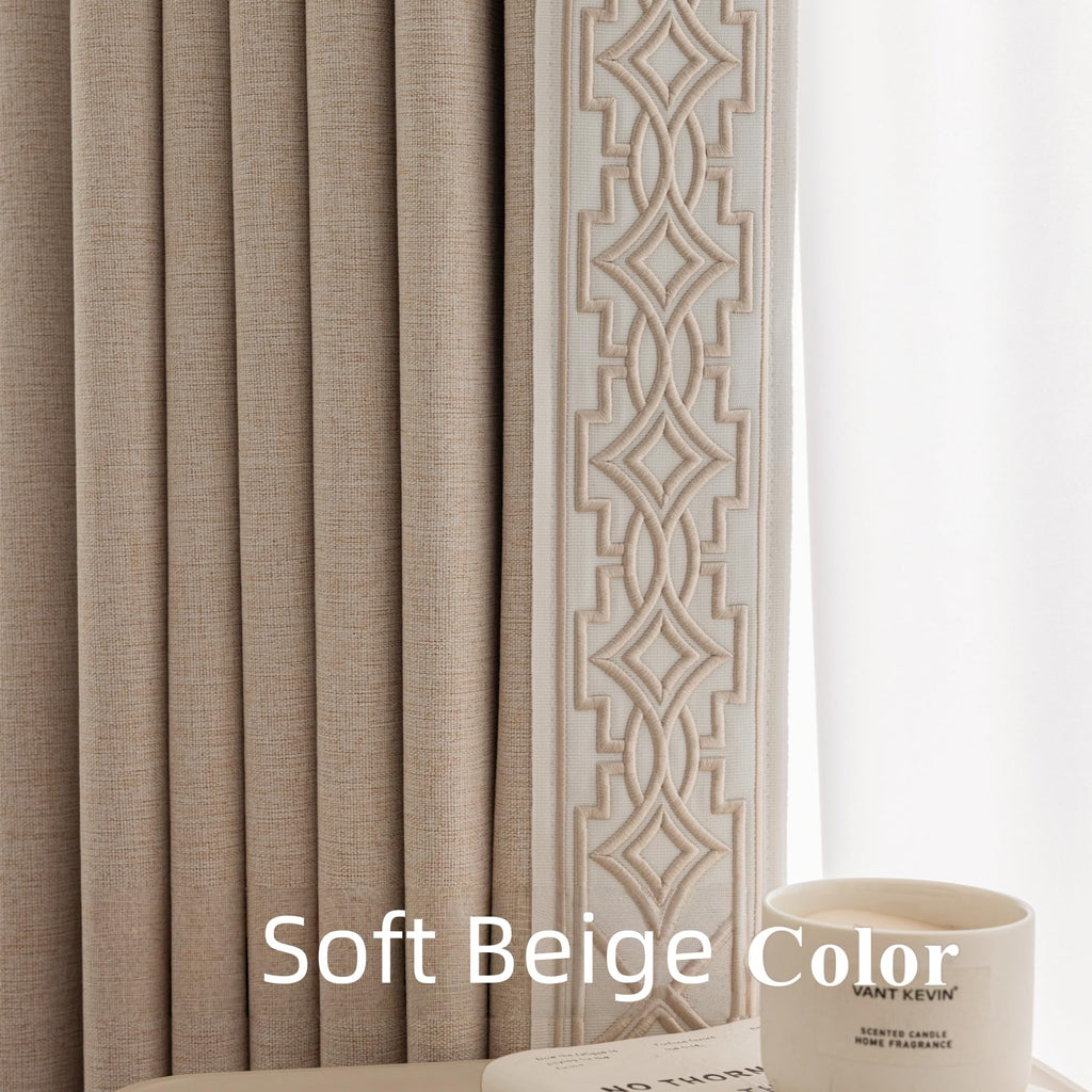 Luxury Pinch Pleat Blackout Curtains - Textured Embroidery Trim, Soft Beige, Linen Blend, Memory Trained (50" W x 90"