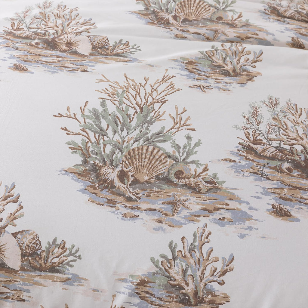 Luxury Coastal Cotton Duvet Cover Set Coastal Coral Seashell Toile Print Hotel-Quality Bedding Set 3-Piece