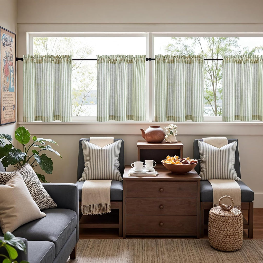 Striped Linen Kitchen Curtains 24 Inches Length Tier Curtains Farmhouse Modern Cafe Style Small Window Treatments