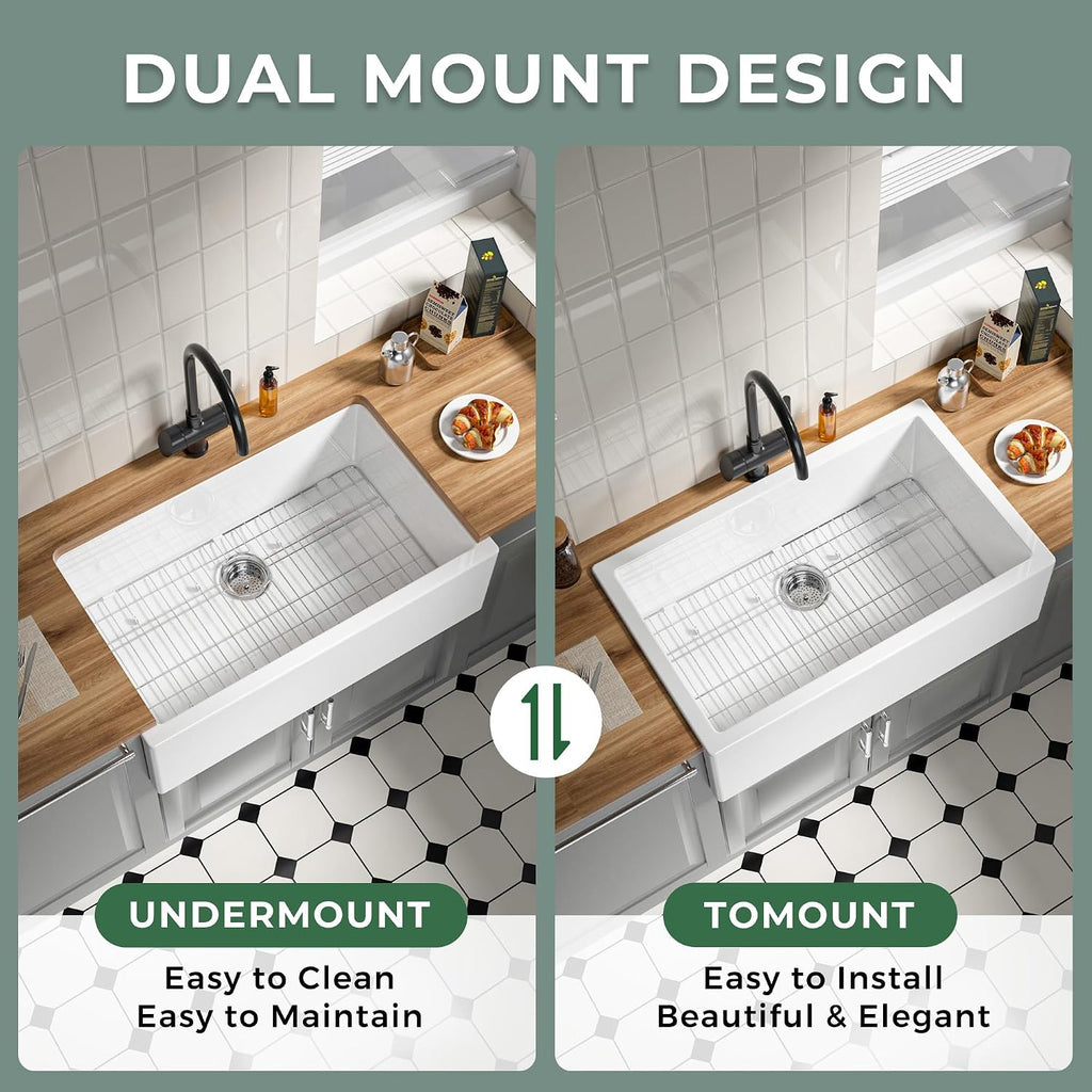 Self Trimming Farmhouse Sink 33 Inch, White Fireclay Kitchen Sink | Tall Apron Front 33"Wx20"Dx10"H , Heavy Duty,Farm
