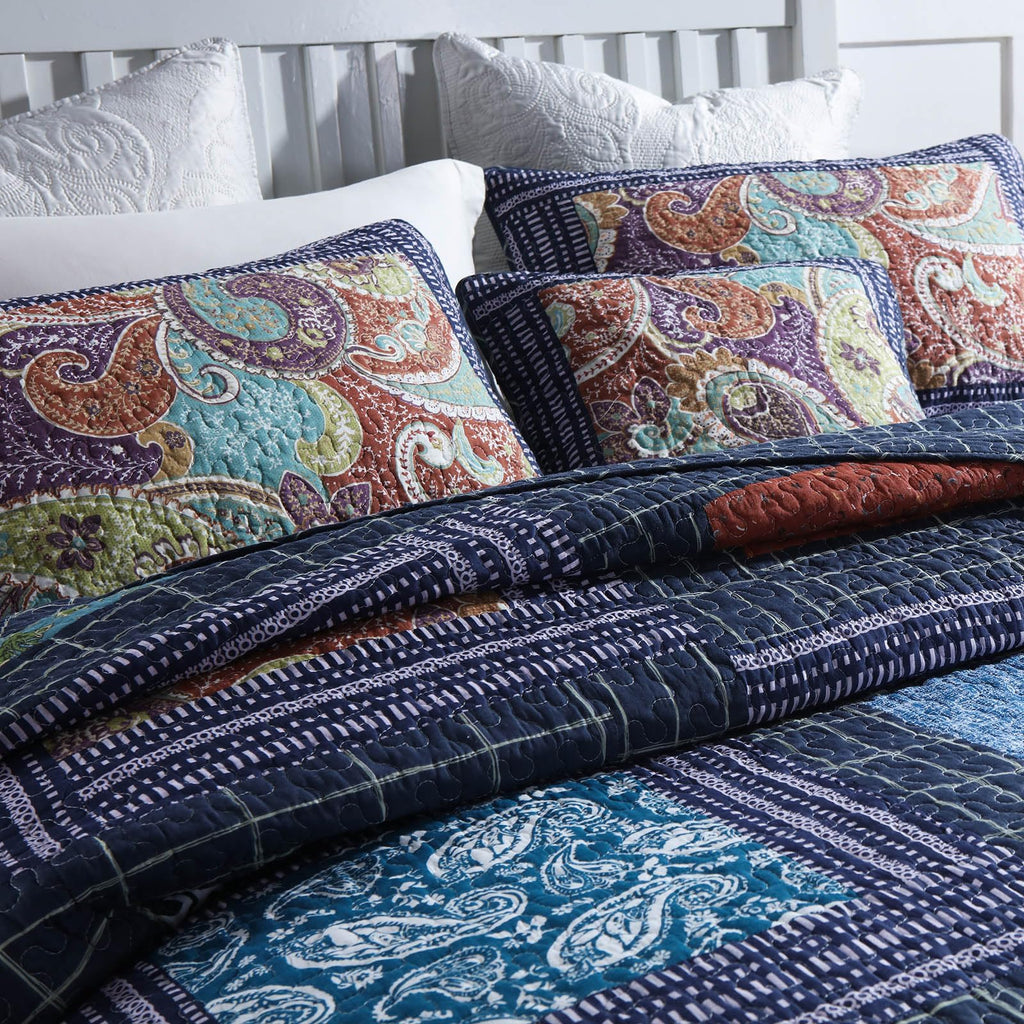 100% Cotton Gorgeous Floral Quilt Set, King Size Quilted Bedding Set, Boho Reversible Navy Blue Patchwork Paisley
