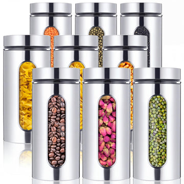 9 Pack 44 oz Airtight Stainless Steel Kitchen Canisters, Silver