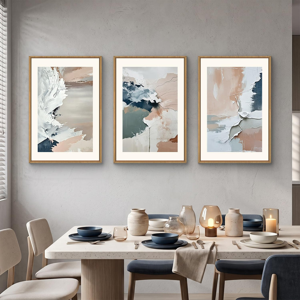 Large Modern Abstract Framed Canvas Wall Art Set, Minimalist Splash ink Blue Pink Pastel Watercolor Wall