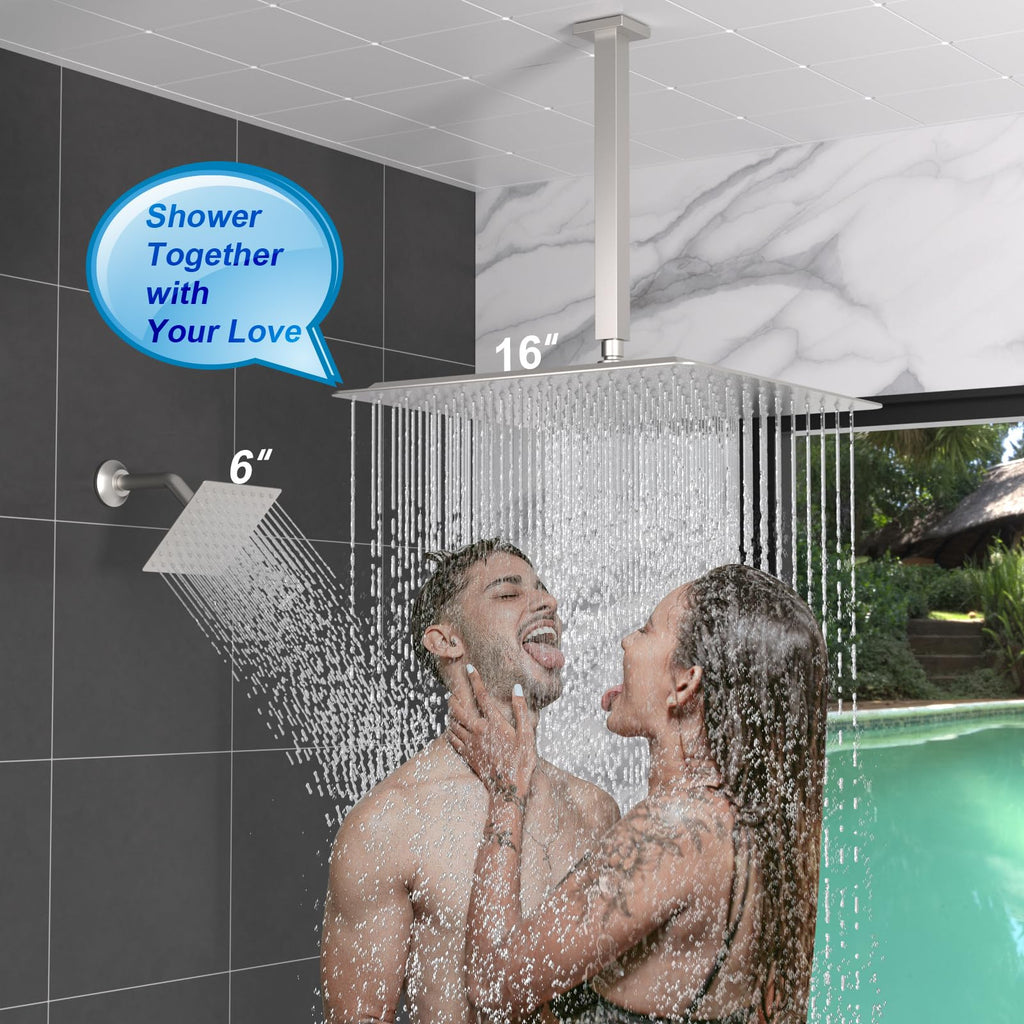 Thermostatic Dual Head Shower System, 16" + 6" Dual Rainfall Shower System (Can All Run Together & Volume Adjustable)