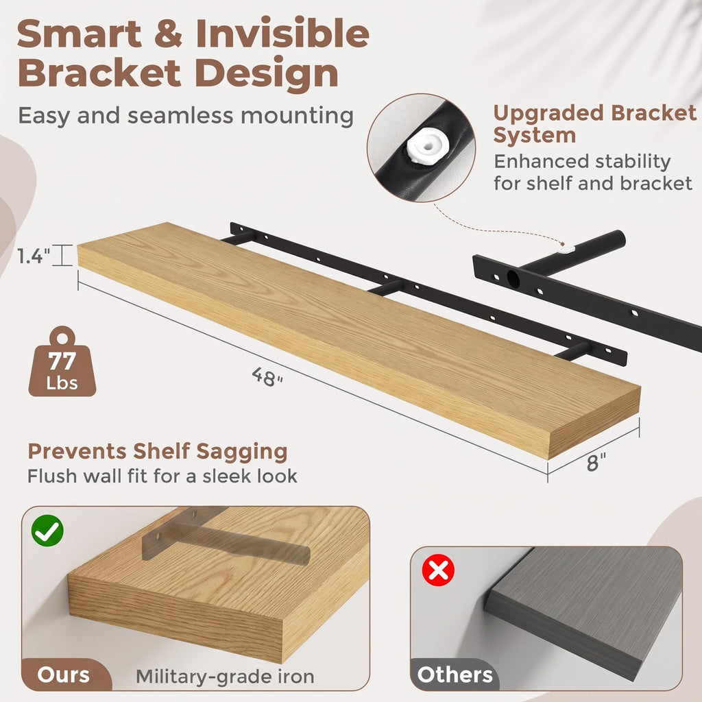 48 Inch Floating Shelves for Wall 2 Pack, 8"D Wood Gra Shelves