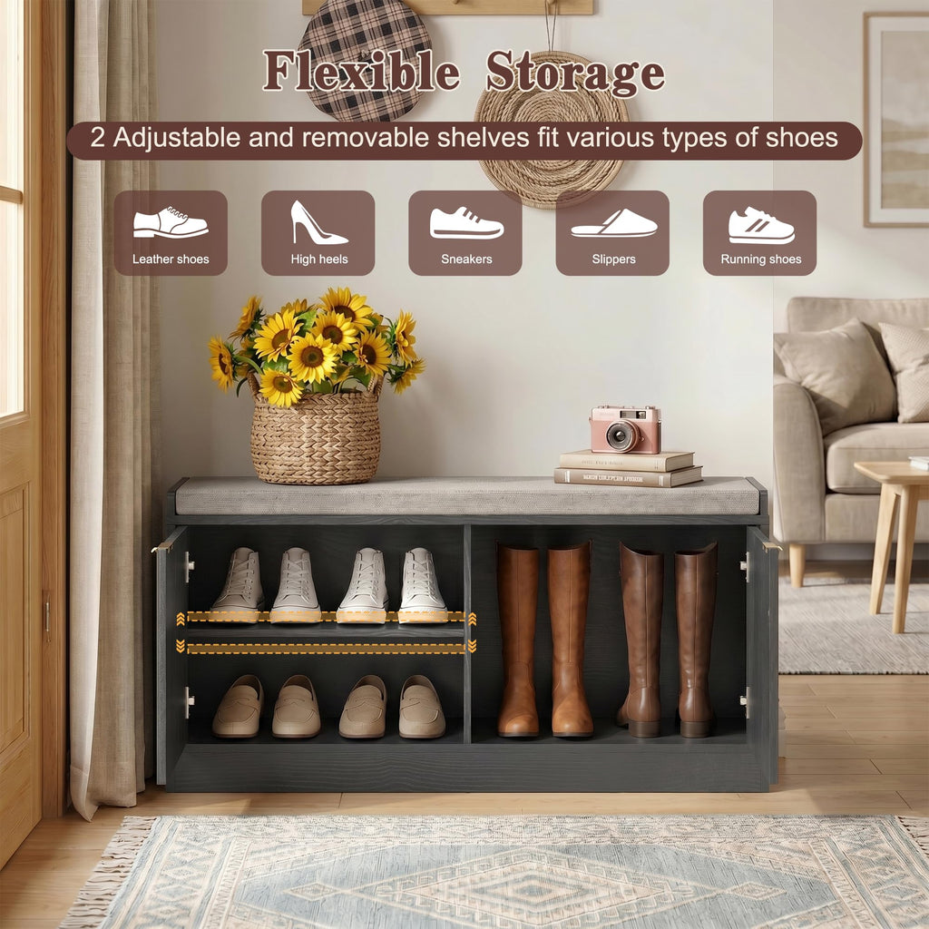 2-Tier Fluted Shoe Storage Bench with Adjustable Shelves and Cushion, Black丨Entryway Shoe Bench Hidden Shoe Cabinet