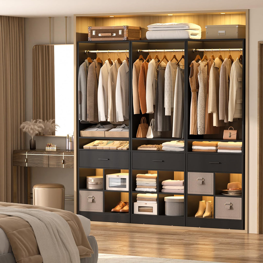 Freestanding Closet System with Wood Drawer and 4 Cubby Storage, Closet Organizer with Hanging Rods & Shelves, 25" W