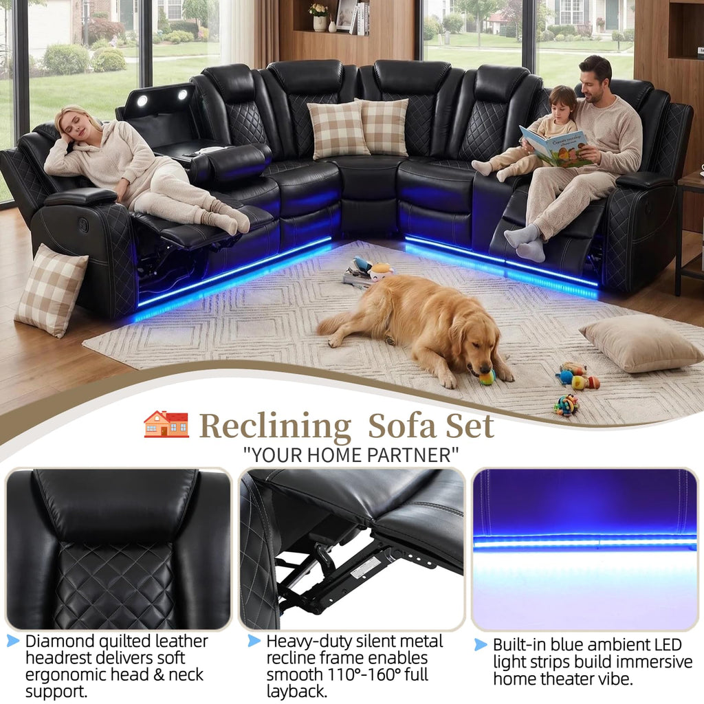 Breathing Leather Power Reclining Sofa Set, Sectional Couch with LED Light