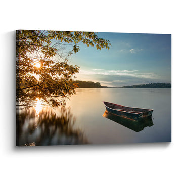 Lake Landscape Canvas Wall Art: Sunset Nature Scenery Picture Painting Print Decor Relaxing Boat Water Artwork Living