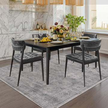 Washable Modern Dusty Grey Area Rug Under Table, Bedroom, Minimalist Neutral Scandinavian Distressed Geometric