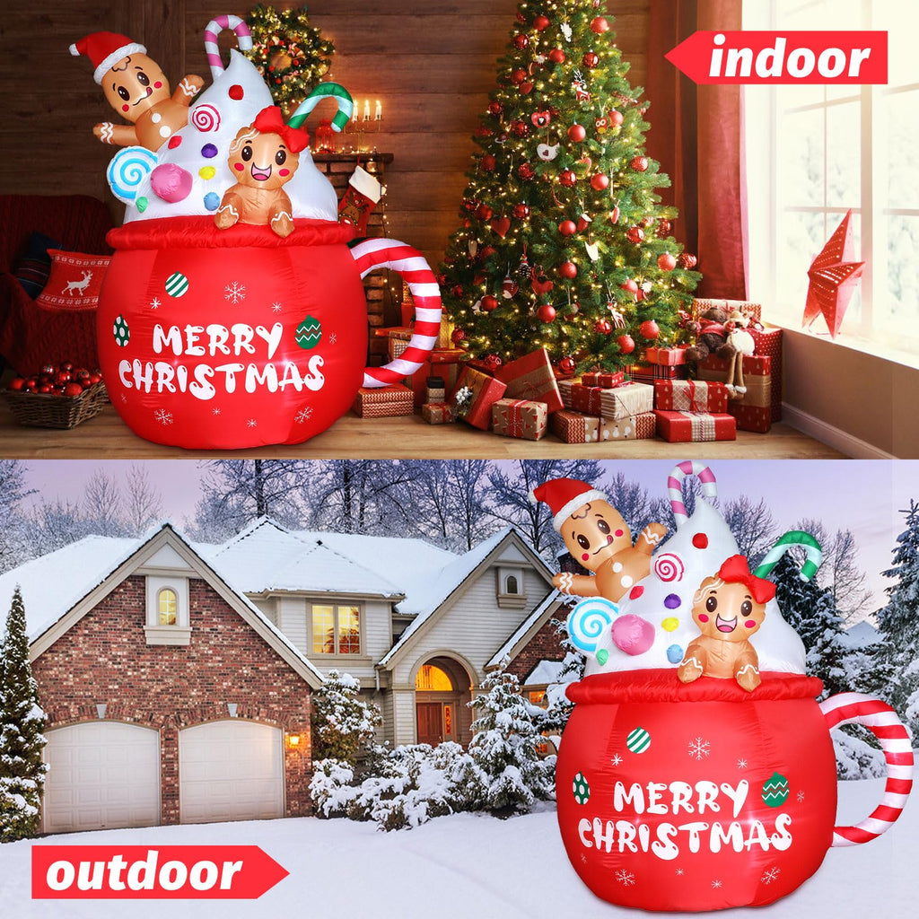 Christmas Inflatable Outdoor Decorations 6FT Gingerbread Inflatables Christmas Blow Up Gingerbread Man Hot Cocoa Mug