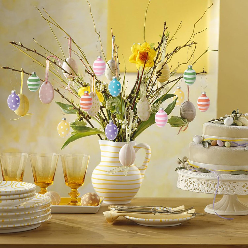 Glass Easter Hanging Eggs- 1.8 Inch Easter Eggs Hanging Ornaments- Dots Stripes Easter Decorations Eggs Tree - Set of 12