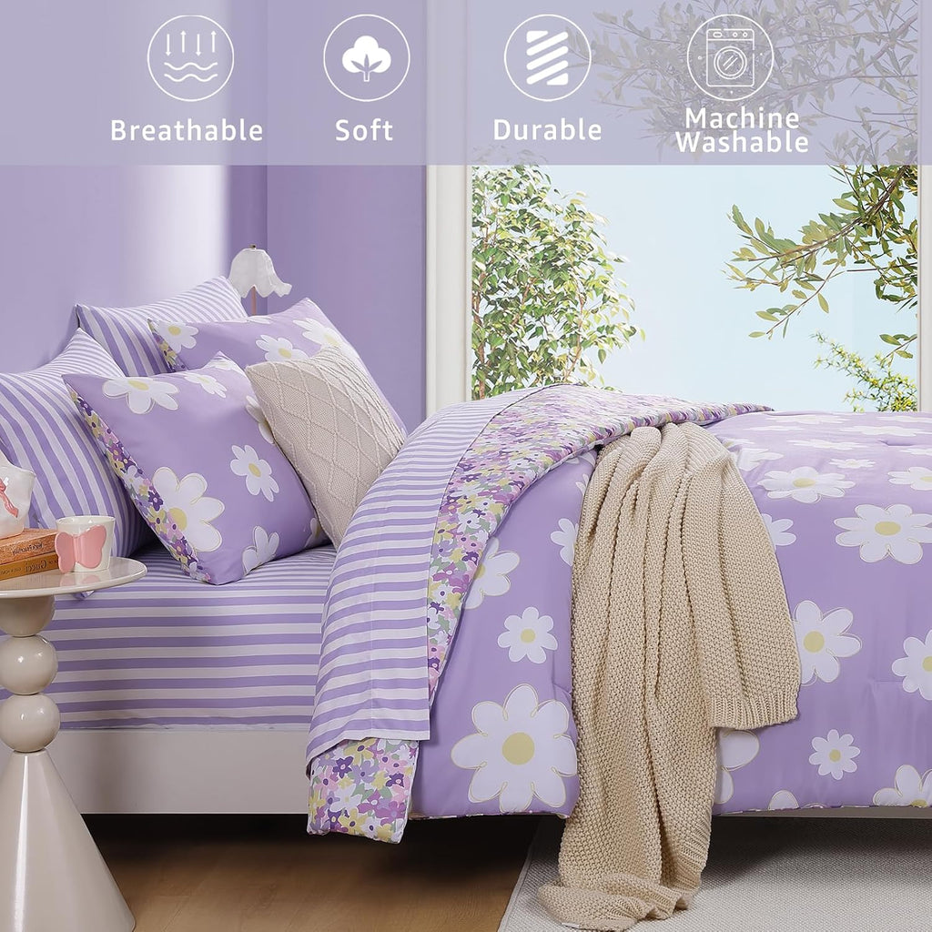 Full Comforter Sets for Girls, Daisy Kids Bedding Set Reversible with Cute Floral, All Season Bed in a Bag 7 Pieces