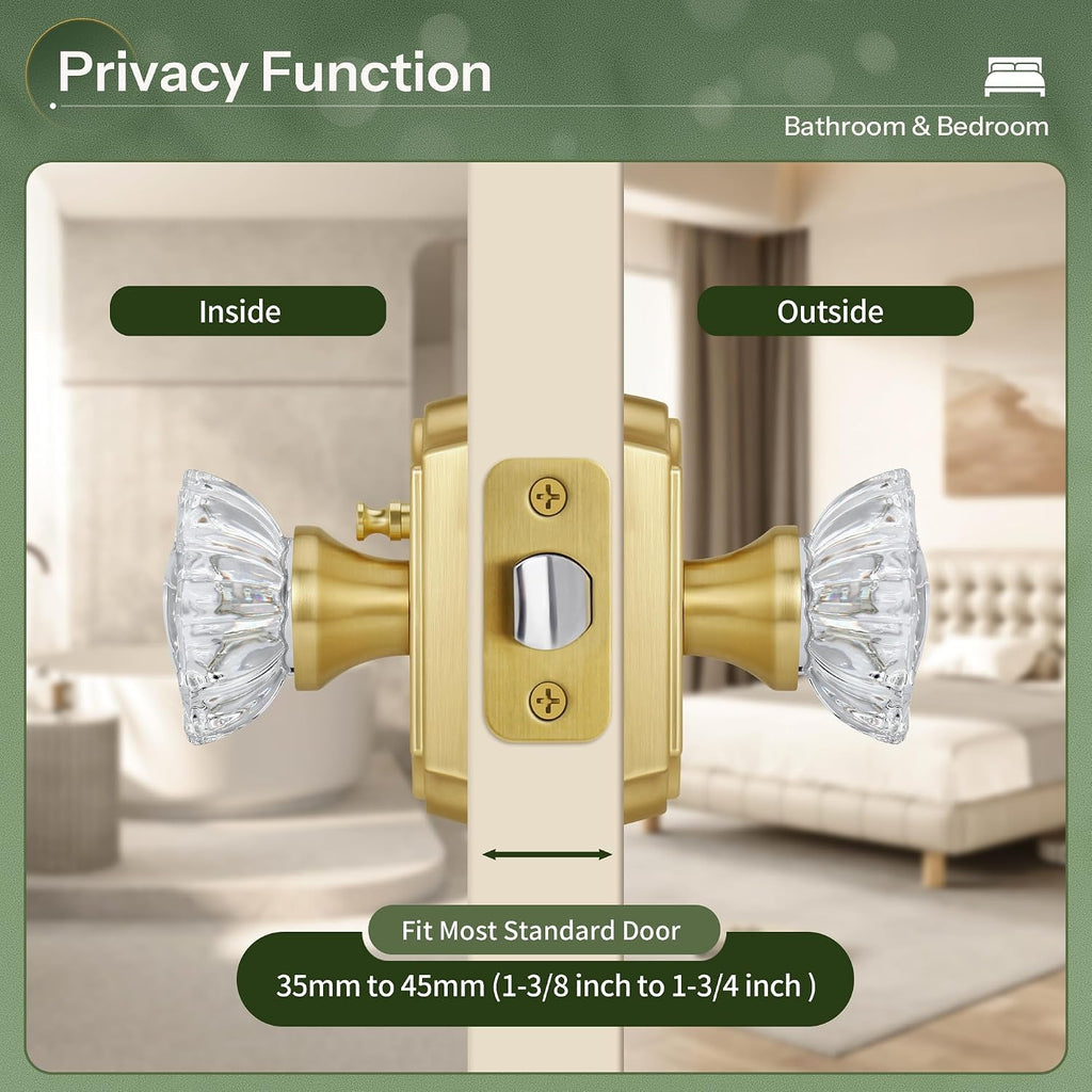 Modern Gold Interior Crystal Door Knob with Lock (No Key), Privacy Glass Door Knob or Closet, Satin Brass