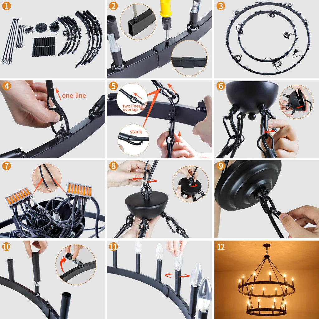 Inspired Camino Style Chandelier - Two Tier Wagon Wheel, 20-Light Black Farmhouse Chandelier W38" x H41"