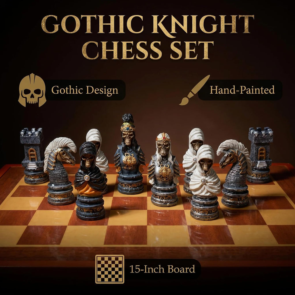 Medieval Gothic Skeleton Knights Chess Set, Hand Painted Undead Skull Resin Chess Pieces with Wooden Drawer Storage