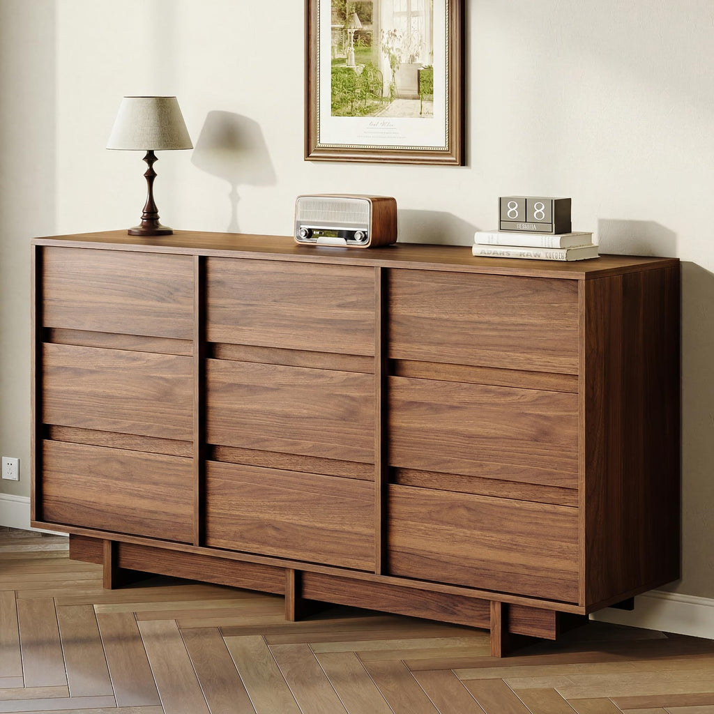 Walnut Dresser, 59in Modern 9 Drawer Chest of Drawers