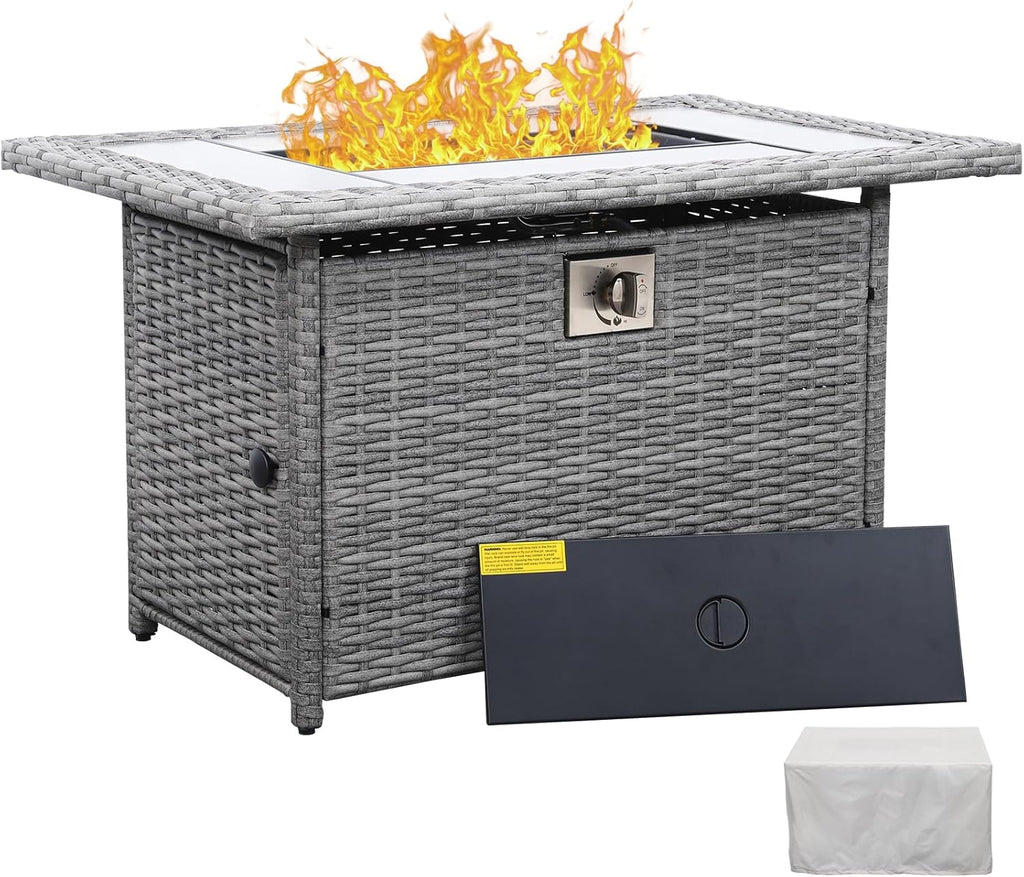 60000 BTU Wicker Gas Fire Pit Outdoor Fire Pit Table 45 Inch Fire Pits for Outside with Woodgrain Marble Tabletop Fire P