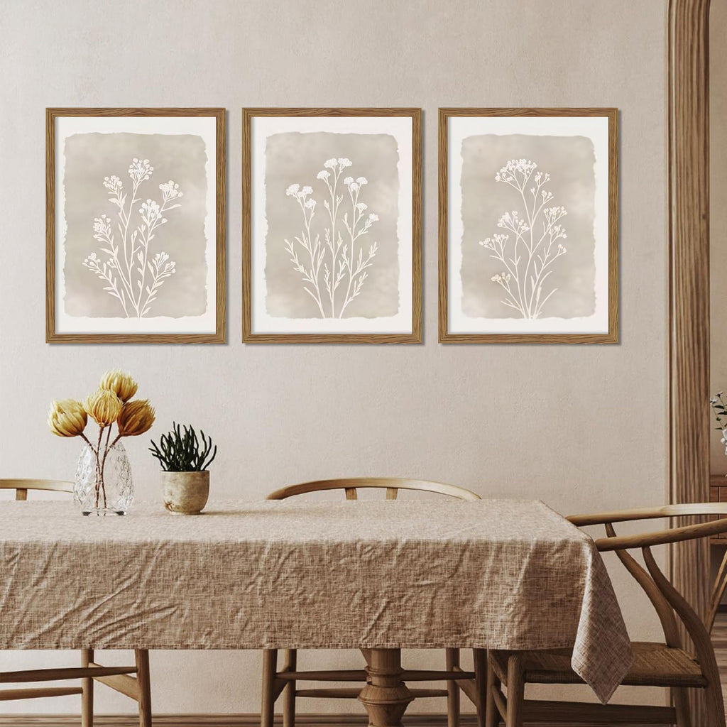 Framed Boho Botanical Flower Wall Art Set of 3, Vintage Minimalist Neutral Floral Wall Decor Paintings, Rustic