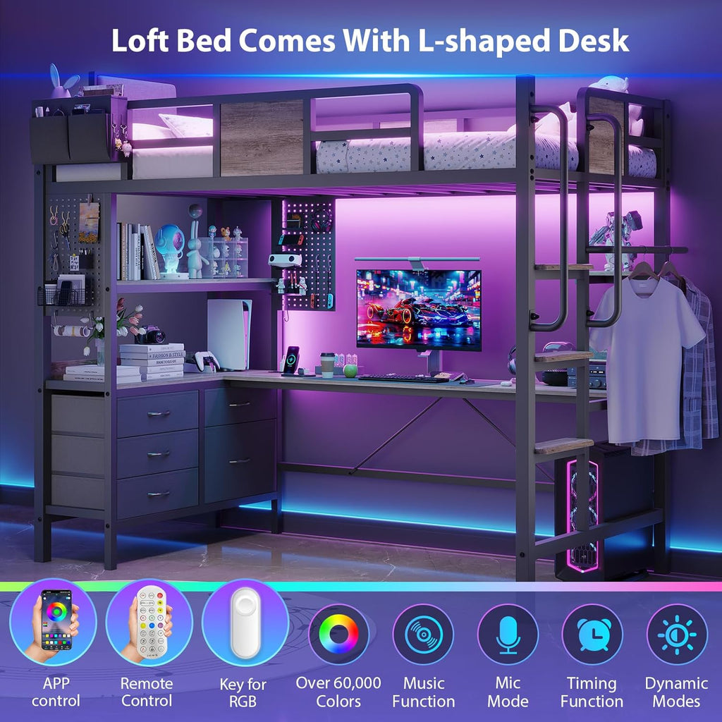 Twin Loft Bed with Desk and 5 Storage Drawers,Loft Bed Twin with LED Lights and Charging Station