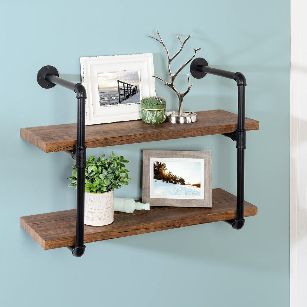 Industrial Pipe Shelf Bracket, 2 Tiers Retro Wall Mounted Floating Shelf, Wood DIY Bookshelf, Storage Shelves
