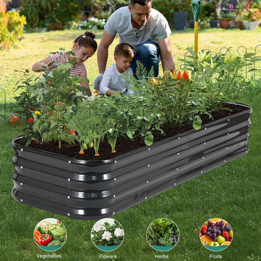5 in 1 Galvanized Raised Garden Bed, 8x3x1.4ft, Grey | Modular Metal Planter Box Outdoor, with Bracing Rods, Safety