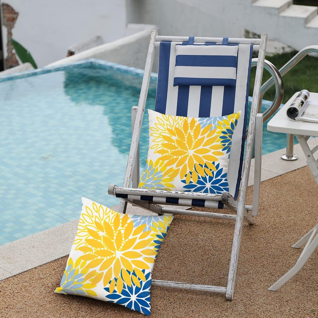 Yellow Blue Flower Pillow Covers 18x18 Inch Set of 2 White Gray Colored Throw Pillows Outdoor Waterproof Decor