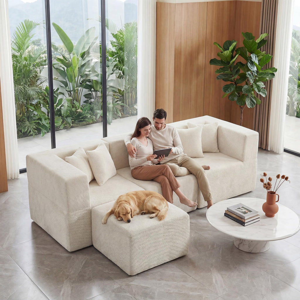 L Shaped Boneless Sectional Couch Oversized, Chenille, Beige